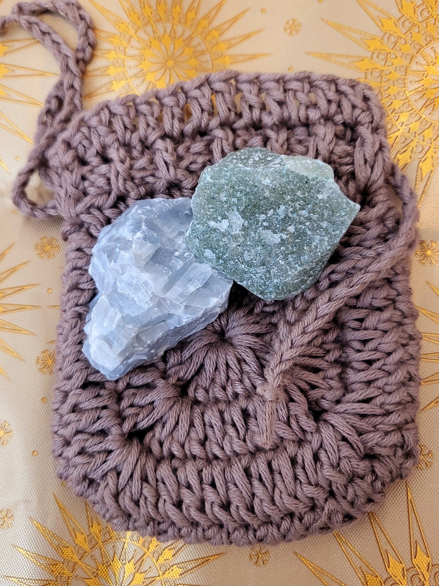 Blue Calcite & Green Aventurine Crystal + Crochet Bag Bundle