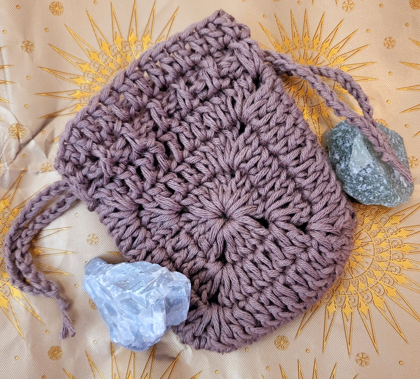 Blue Calcite & Green Aventurine Crystal + Crochet Bag Bundle