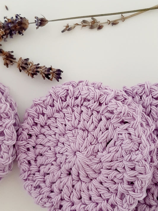 scrubbies, willowhomedecor.ca, handmade, Canada, BC, eco-friendly, reusable, cotton yarn, face pads, spa, free shipping, Eco-friendly, sustainable, durable, handcrafted, locally made in Canada, lavender, handmade